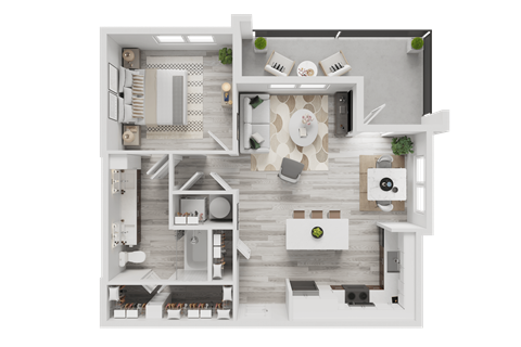 A 3D floor plan of a house with a kitchen, living room, dining room, and two bedrooms.